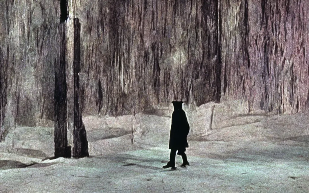Image similar to high quality high definition colorized movie still from The Cabinet of Doctor Caligari: a lonely ghost walking alone at night in the woods, high quality silent movie, iridescent color palette
