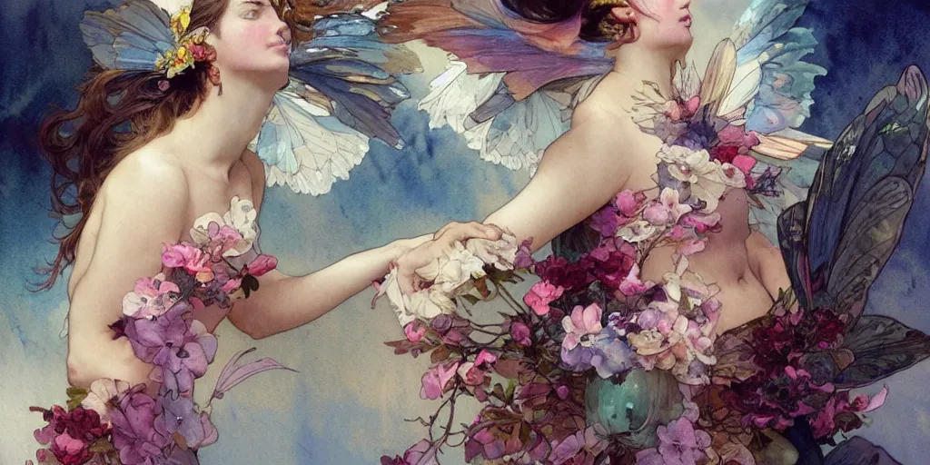 Prompt: a beautiful insanely intricate watercolor painting of a beatutyful fairy with birds, reflexions, colorfull, by william turner art, by greg rutkowski, by alphonse mucha, by james jean, by rossdraws, by frank franzzeta, by sakimichan, trending on artstation, insanely detailed, masterpiece,