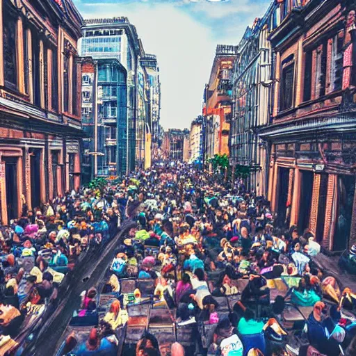 Prompt: people sitting in rows of desks in the middle of a city street, first person view from back row, dream - like atmosphere, high quality digital art