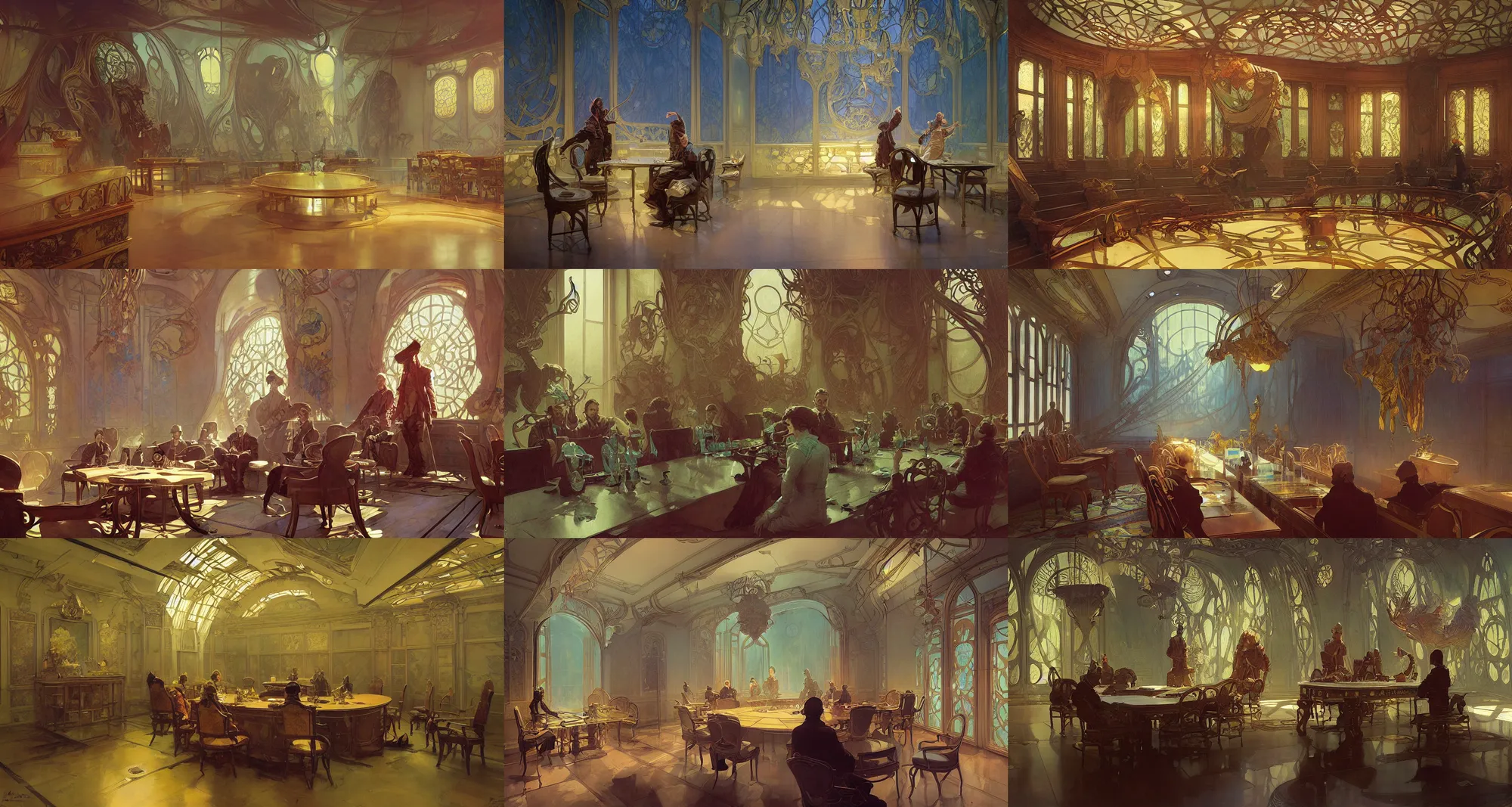 Prompt: meeting room, art nouveau architecture, fantasy, art by joseph leyendecker, ivan aivazovsky, ruan jia, reza afshar, marc simonetti, alphonse mucha