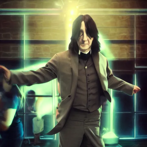 Prompt: Severus Snape dance in a bar, cheer by everyone, fish lens, neon, realistic, full body, very detailed, super realistic