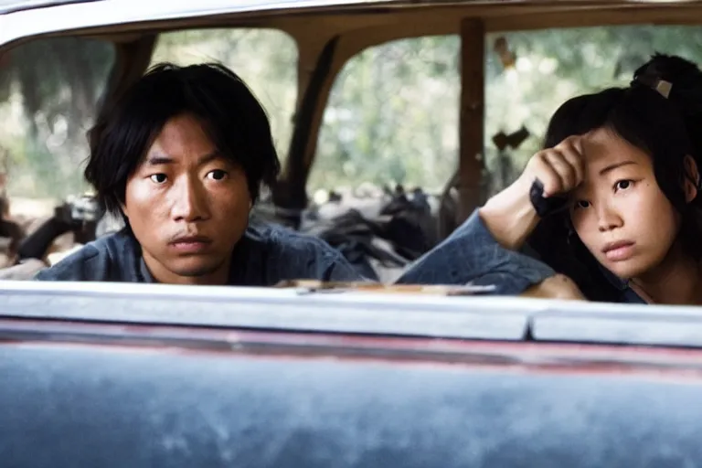 Image similar to movie diverse interracial team of Japanese robbers armed with rifles interior van, beautiful skin, natural lighting by Emmanuel Lubezki