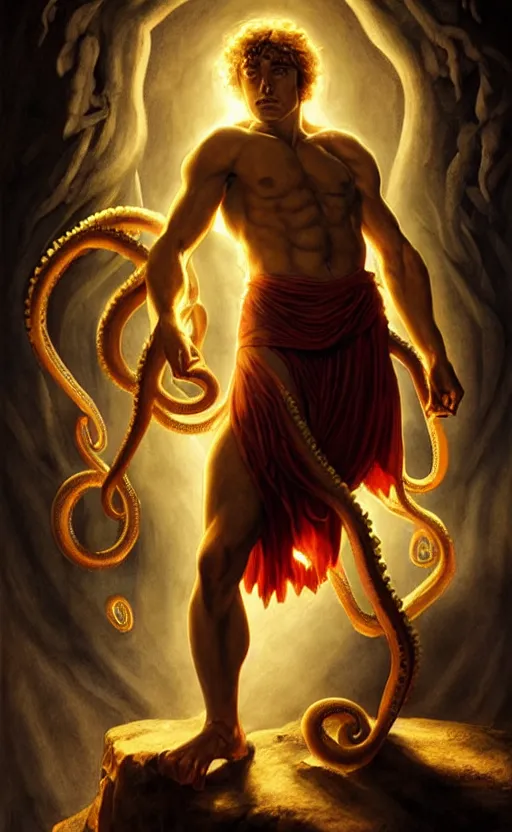 Prompt: movie poster with a young strong ancient greek man with lovecraftian tentacles made of glowing energy in the background, dungeons and dragons artwork, award winning art, cinematic light, dynamic composition, highly detailed, dramatic lighting, digital painting, concept art, masterpiece, realistic anatomy, by leonardo da vinci, raphael, artgerm, greg rutkowski, vibrant colors