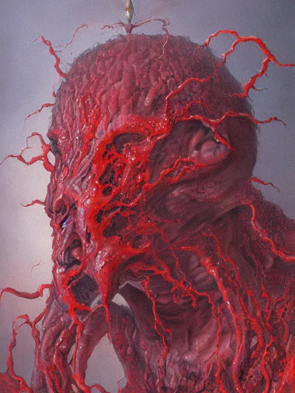 Image similar to wayne barlowe painting of a flying sorrowful looking severed human head, floating head with tears running down it's eyes, face that is chalk white in color, with long white tentacles stemming from it's neck, fiery scorching red eyes, background sprawling terrifying hellish cave with lava flowing through it's walls, 4 k