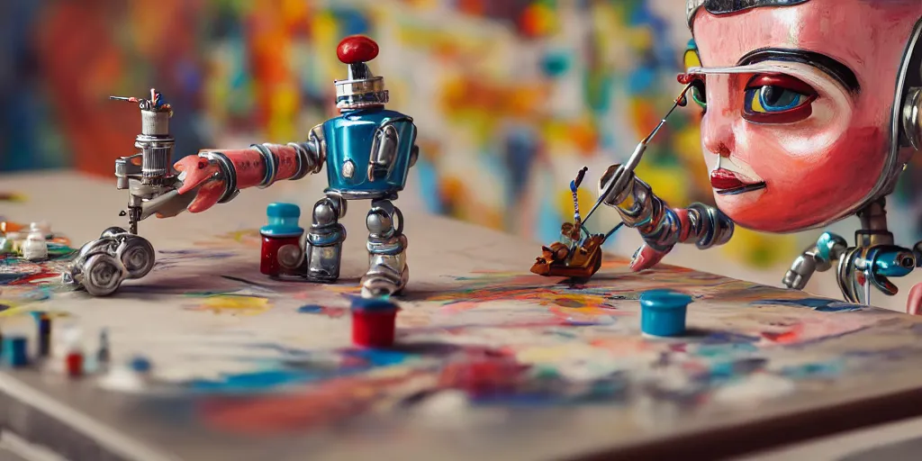 Image similar to closeup portrait of tin toy retro robot painter mixing gouache on white paper table in an artist workshop, depth of field, zeiss lens, detailed, centered, fashion photoshoot, by nicoletta ceccoli, mark ryden, lostfish, breathtaking, 8 k resolution, extremely detailed, beautiful, establishing shot, artistic, hyperrealistic, octane render