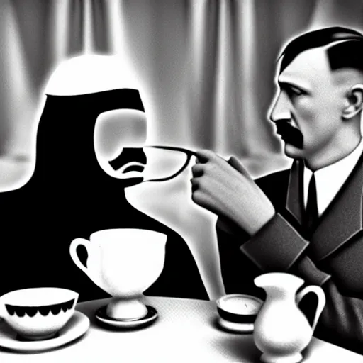 Image similar to a photo of hitler take tea with a muslim, photorealistic, realism, black and white