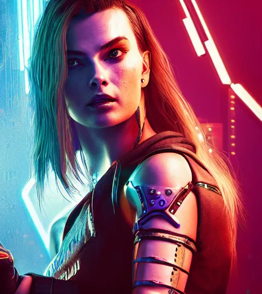 Image similar to cyberpunk 2 0 7 7, charismatic rugged female battle margot robbie - mage portrait, clothed in hooded, metal - plated battle armor atmospheric lighting painted intricate volumetric lighting, beautiful, sharp focus, ultra detailed by leesha hannigan, ross tran, thierry doizon, kai carpenter, ignacio fernandez rios