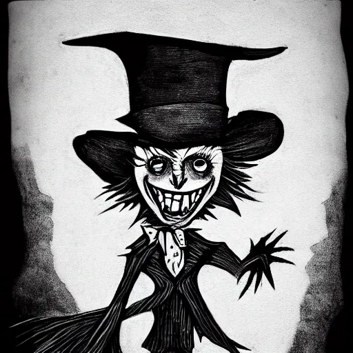 Image similar to a Pop Wonder scary horror themed goofy-hilarious-character Jack-Frost-Babadook-scarecrow-madhatter-williewonka-wearing a scarf, 3-piece-suit, dime-store-comic drawn with charcoal and pen and ink, half-tone-line-stacking