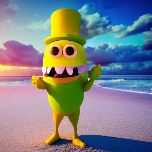 Image similar to 3 d render, of anthropomorphic lemon character, he is wearing a hat, building a sandcastle on the beach at sunset, beach, huge waves, sun, clouds, long violet and green trees, rim light, cinematic photography, professional, sand, sandcastle, volumetric lightening