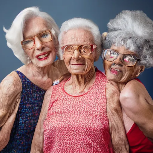 Prompt: old spice girls at age 9 0 years old, color ( sony a 7 r iv, symmetric balance, polarizing filter, photolab, lightroom, 4 k, dolby vision, photography award ), vogue, perfect face