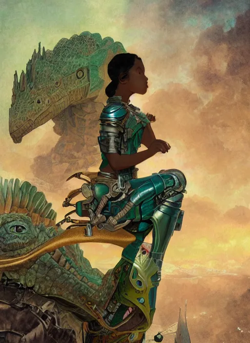 Prompt: portrait of a little cyborg warrior girl character sitting on top of a giant armored dinosaur bird flying in space, epic character with dark skin and beautiful green eyes. the girl has a very beautiful detailed symmetrical face, long black hair. diffuse night light, dramatic landscape, fantasy illustration, matte painting by mucha