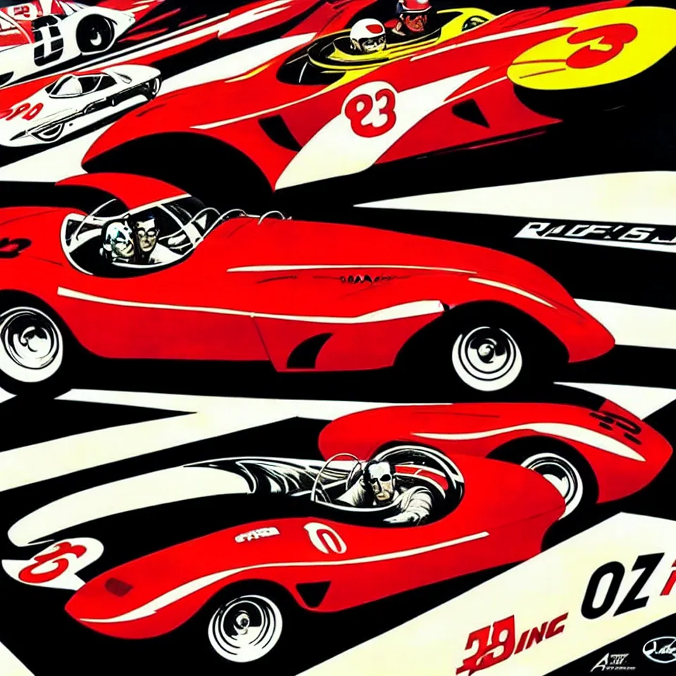 Image similar to a vintage car racing poster by alex ross