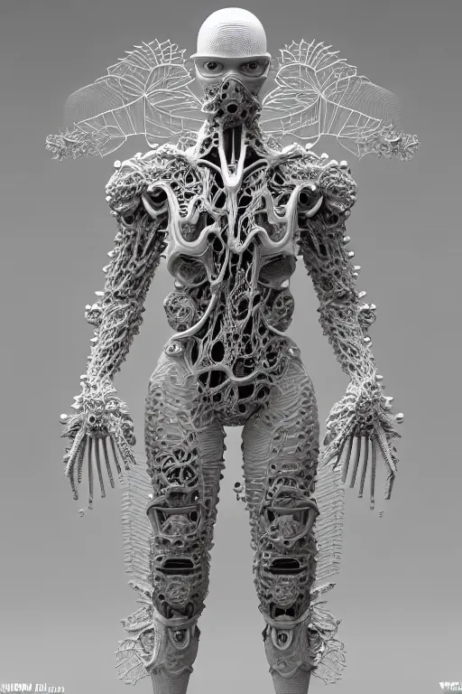 Prompt: bw 3 d render, hyper detailed, stunning beautiful biomechanical albino angry soldier cyborg with a porcelain profile face, beautiful natural soft rim light, big leaves and stems, roots, fine foliage lace, alexander mcqueen, studio ghibli, herge, art nouveau fashion embroidered, steampunk, silver filigree details, hexagonal mesh wire, mandelbrot fractal, 8 k