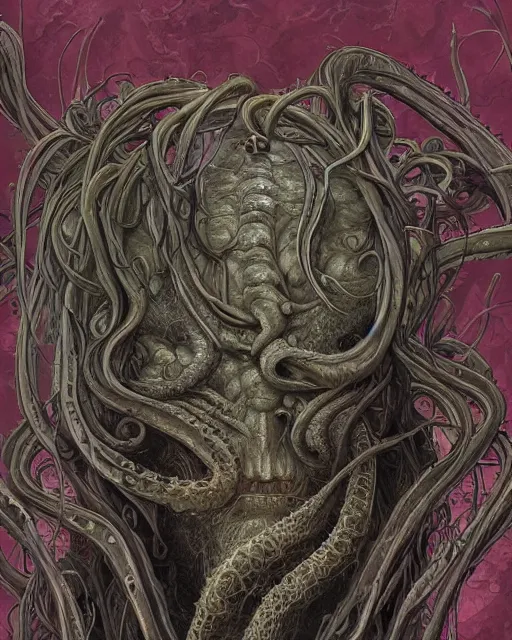 Image similar to centered beautiful detailed side view profile portrait of a insane old man, ornate tentacles growing around, ornamentation, thorns, vines, tentacles, elegant, beautifully soft lit, full frame, by wayne barlowe, peter mohrbacher, kelly mckernan, h r giger