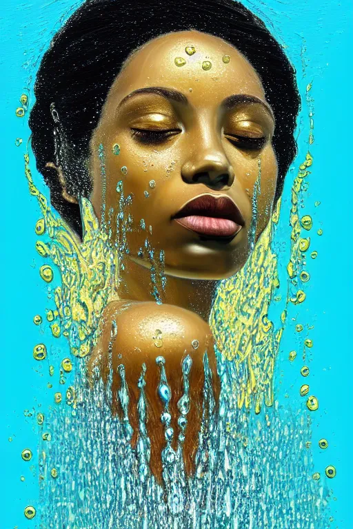 Prompt: hyperrealistic precisionist cinematic profile very expressive! oshun goddess, ophelia in water!, mirror dripping droplet!, gold flowers, highly detailed face, digital art masterpiece, smooth eric zener cam de leon, dramatic pearlescent turquoise light on one side, low angle uhd 8 k, shallow depth of field