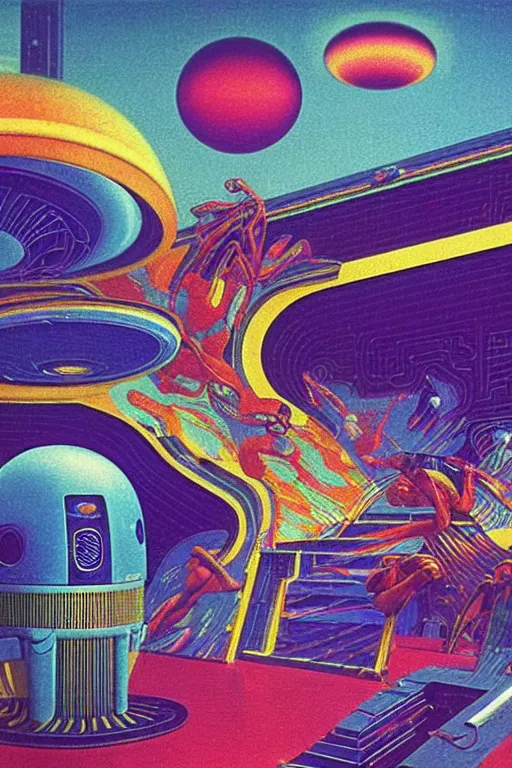 Prompt: 8 0 s art deco swimmingpool, robots, led screens, droids, planets, supernova, computers, cinematic dramatic cyberpunk textural fluid lines otherworldly vaporwave interesting details fantasy lut epic composition by basquiat zdzisław beksinski james jean artgerm rutkowski moebius francis bacon gustav klimt