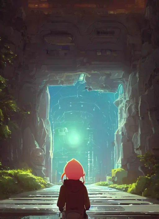 Image similar to warm canyon with giant gate entrance, nuclear powered, detailed, futuristic, cory loftis, james gilleard, atey ghailan, makoto shinkai, goro fujita, studio ghibli, rim light, exquisite lighting, clear focus, very coherent, plain background