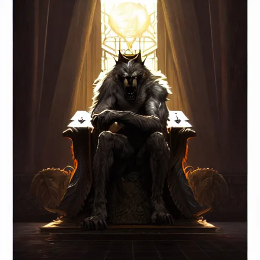 Prompt: a werewolf king in your throne room, intricate, elegant, highly detailed, digital painting, artstation, concept art, smooth, sharp focus, illustration, thriller atmosphere, art by artgerm and greg rutkowski and alphonse mucha