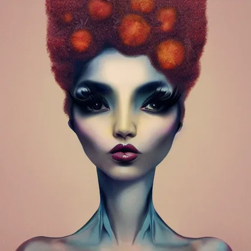 Prompt: of a woman with a afro , surreal Portrait inspired by Natalie Shau, Anna dittmann, plants growing on the head, horns,cinematic