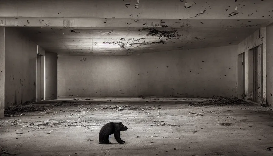 Prompt: a bear, in an abandoned mall, dim, photography