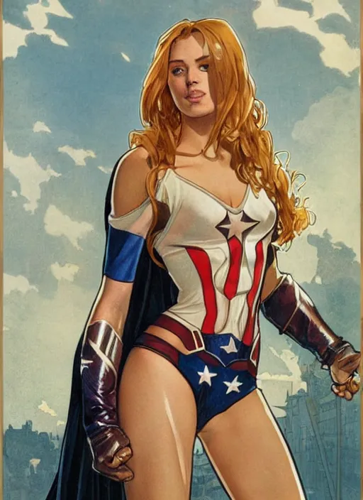 Prompt: toned young april with a mischievous face and extremely long blonde wavy hair dressed as superhero in her early twenties, posing with arms tucked behind back, captain america, tight fit, curvaceous, intricate detailed face, shiny, greg rutkowski, alphonse mucha