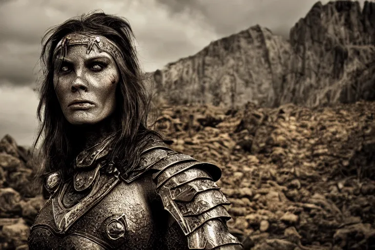 Image similar to portrait of beautiful armored orc woman, rocky terrain by Emmanuel Lubezki