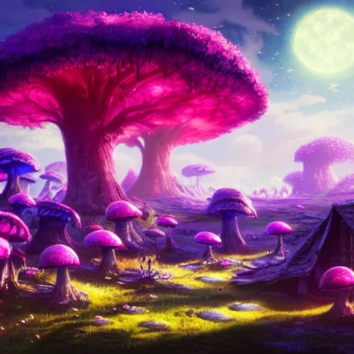 Prompt: concept art painting of a fantasy alien fungal landscape at night, magenta trees, glowing blue mushrooms, houses made of mushrooms, dark purple sky, realistic, detailed, cel shaded, in the style of makoto shinkai and greg rutkowski and albert bierstadt and james gurney