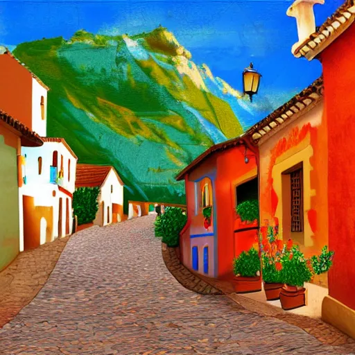 Prompt: A Spanish village. Flat digital art.