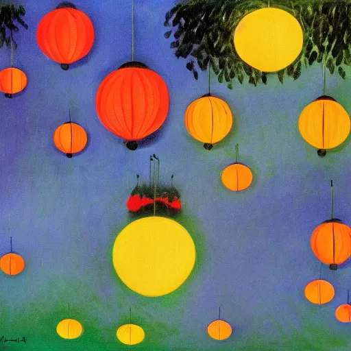 Prompt: painting of cats and caterpillars at a carnival at night watching colorful paper lanterns, in the style of claude monet and eyvind earle