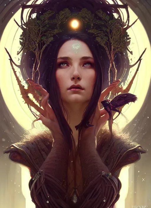 Image similar to a beautiful cinematic female druid goddess, galatic shamen with Quantum energy fantasy, fantasy magic, undercut hairstyle, dark light night, intricate, elegant, sharp focus, illustration, highly detailed, digital painting, concept art, matte, art by WLOP and Artgerm and Greg Rutkowski and Alphonse Mucha, masterpiece