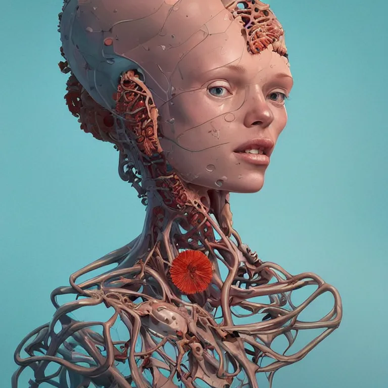 Image similar to portrait of beautiful!! woman with coral!! reef hair. torso, lungs, plates, biomechanical android. soft light painted by james jean and moebius!!! and erik jones, inspired by mary jane ansell, smooth face feature, intricate oil painting, high detail 3 d render, sharp high detail