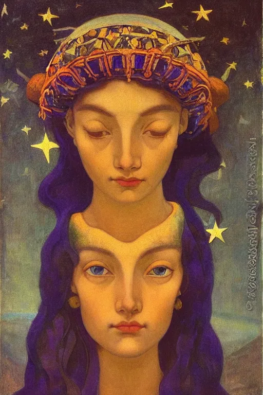 Image similar to girl with stars in her hair by Nicholas Roerich and Annie Swynnerton and Diego Rivera and jean delville, dramatic cinematic lighting , ornate headdress , flowing robes, sacred artifacts, lost civilizations, smooth, sharp focus, extremely detailed