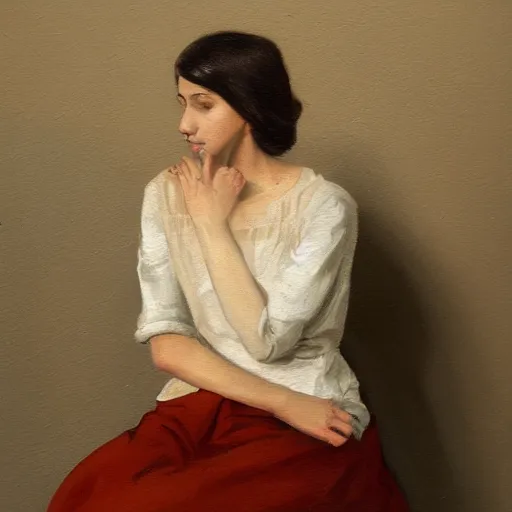 Prompt: a painting of a woman sitting on a chair, a character portrait by lydia field emmet, behance contest winner, figurative art, pre - raphaelite, studio portrait, photoillustration