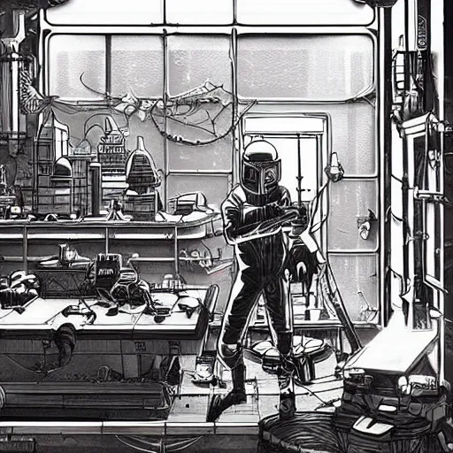 Image similar to space merchant in their shop, Industrial Scifi, detailed illustration, Chiaroscuro, character design, by Martin Grip and Moebius