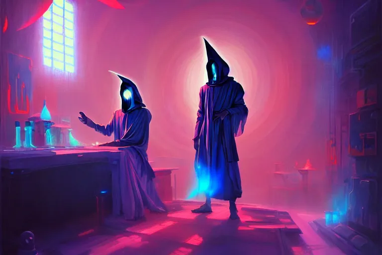 Prompt: a beautiful masterpiece painting of a technomancer wizard in robes with pointed hood discussing sentience with his synthesized AI djinn in his laboratory near a computer by Remedios Varo and Anato Finnstark and Greg Rutkowski, dayglo pink, dayglo blue, dazzle camouflage, 8k, trending on ArtStation