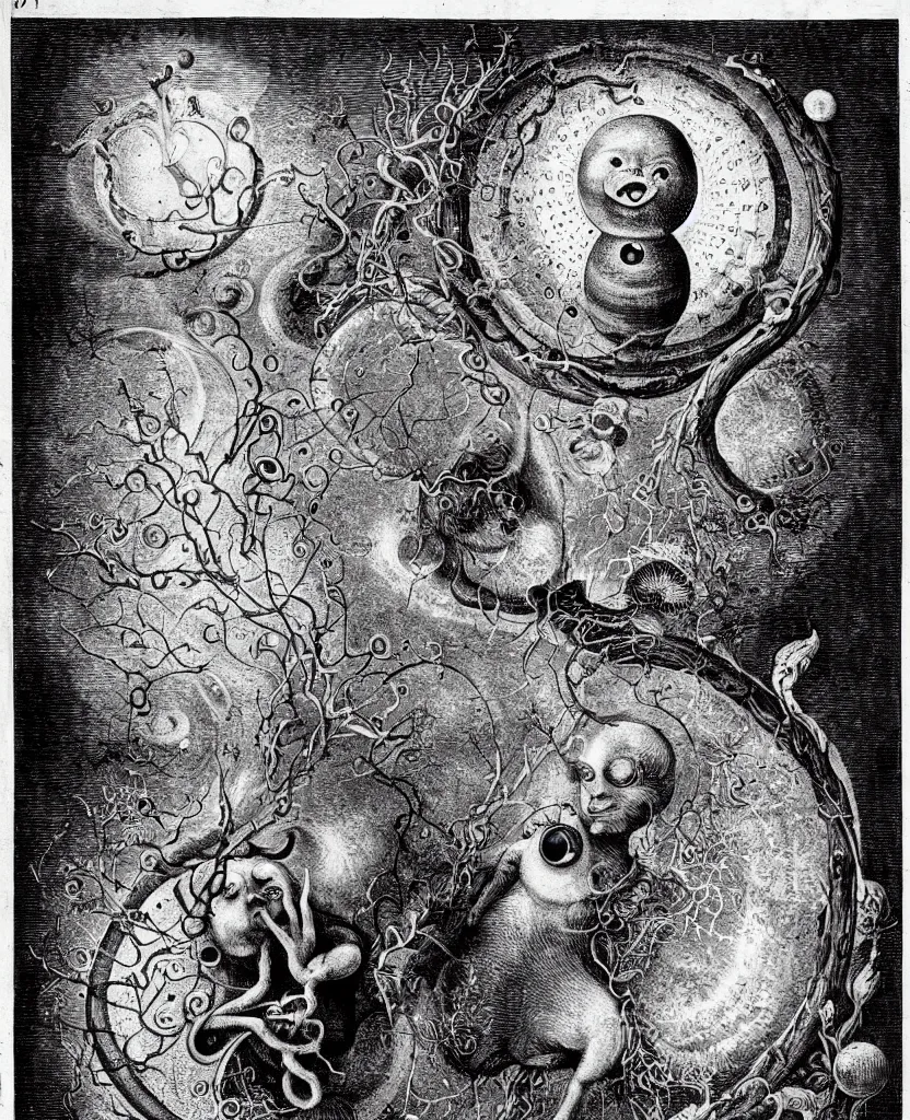 Image similar to whimsical freaky creature sings a unique canto about'as above so below'being ignited by the spirit of haeckel and robert fludd, breakthrough is iminent, glory be to the magic within, in honor of jupiter