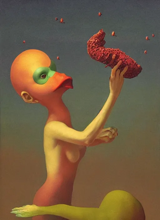 Image similar to The Duck She Eats of the Strangling Fruit and Her polyp blossoms bring iridescent fungal flowers whose spores black the foolish stars Edward Hopper and James Gilleard, Zdzislaw Beksinski, Mark Ryden, Wolfgang Lettl highly detailed