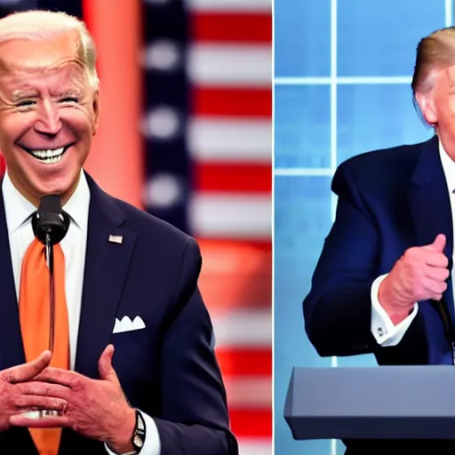 Image similar to joe biden laughing maniacally while donald trump cries in the background