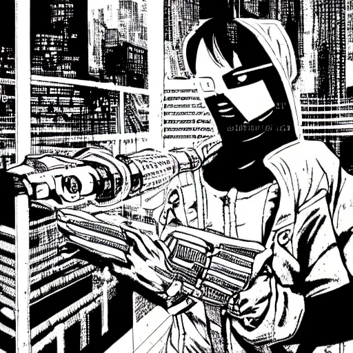 Image similar to cyberpunk hacker pen and ink illustration by tatsuki fujimoto manga panel