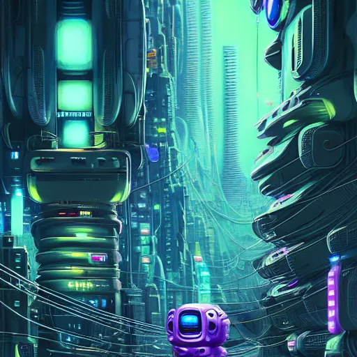 Image similar to robo cats inside an scifi tentacles wires futuristic city, beautiful signs, wide angle, retro futuristic comics, cinematic, highly detailed, photorealistic, rich bright colors, trending on artstation, giger, tsutomu nihei, trending on cgsociety, awe inspiring bruce pennington cityscape, digital art painting of 1 9 6 0 s