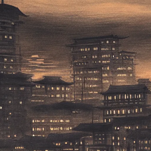 Image similar to a beautiful ink painting of buildings in japanese traditional style, in the style of hiroshi yoshida, at night, light effect, detailed, high - definition, exquisite isolated very detailed, moody lighting, 8 k highly detailed, trending on artstation