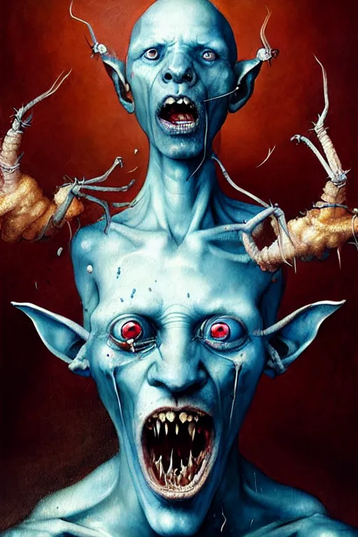 Prompt: hieronymus bosch, greg rutkowski, anna podedworna, painting of a blue skinned elf with spider arms and legs, bloody, screaming, high detail, extreme close up, insane face