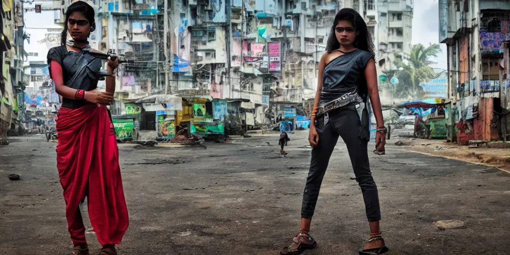 Image similar to sri lankan cyberpunk girl, film still, epic shot cinematography, rule of thirds, colorful, sci - fi tech style