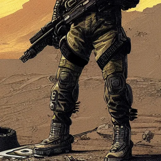 Prompt: a cyberpunk soldier with tactical gear and a rifle on mars, Industrial Scifi, detailed illustration, character portrait, by Martin Grip and Moebius