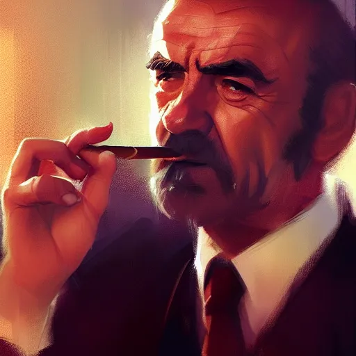 Image similar to portrait of sean connery smoking a cigar, 4 k, concept art, by wlop, ilya kuvshinov, artgerm, krenz cushart, greg rutkowski, pixiv. cinematic dramatic atmosphere, sharp focus, volumetric lighting, cinematic lighting, studio quality