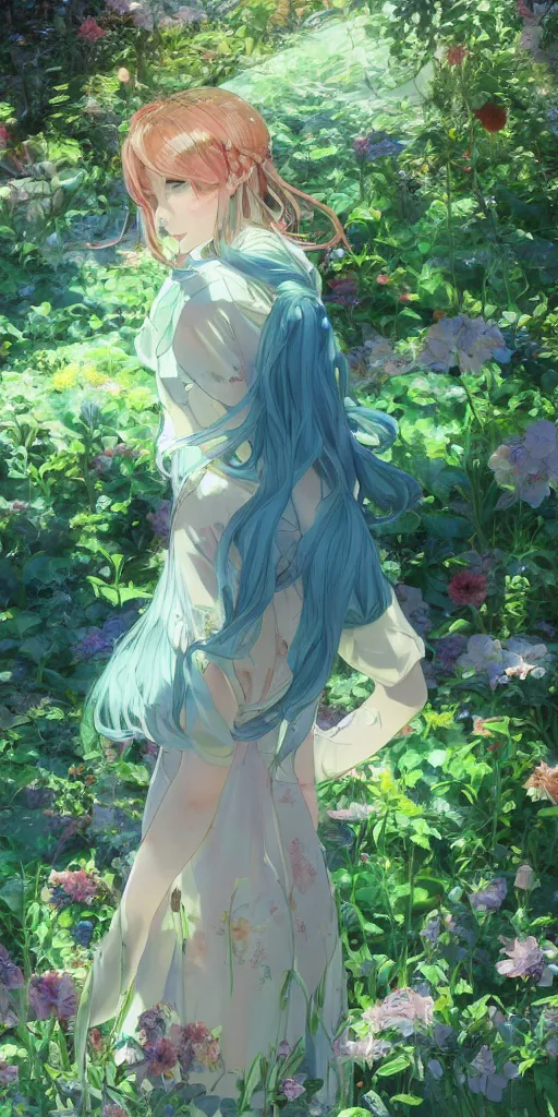 Image similar to a digital art of a loli with long hair in a dress in the privet garden at after noon, green and blue and warm theme, back lighting, highly detailed, 4 k resolution, trending on art station, elegant, depressed, melancholic, by krenz cushart and mucha and akihito yoshida and greg rutkowski and makoto shinkai