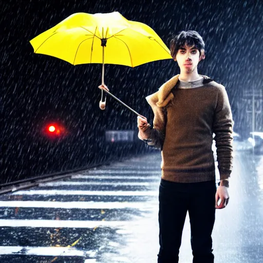 Prompt: young adult, male, medium length black hair, brown eyes, pale skin, standing on a train platform, night, holding a yellow umbrella, cartoon, raining