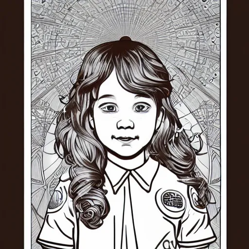 Image similar to clean simple line art of a cute little girl with a short brown wavy curly hair. she is dressed as an astronaut. no background. well composed, clean coloring book page, beautiful detailed face. coloring book line art by artgerm and greg rutkowski and johanna basford and alphonse mucha