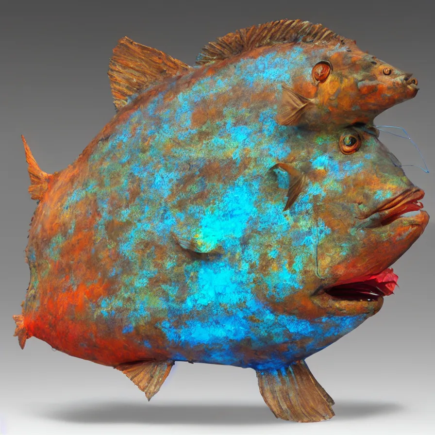 Prompt: hyperrealistic sculpture of a bronze ancient fossilized horned cave fish with opalescent blue and iridescent red spraypaint in a plywood grid cage on a pedestal by ron mueck and duane hanson and lee bontecou, hyperrealistic dramatic colored lighting trending on artstation 8 k