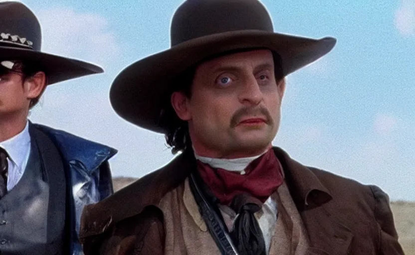 Image similar to screenshot of Tim Robinson wearing the Lone Ranger disguise, 1990s tv show, Walker Texas Ranger cinematography, hyper-detailed, sharp, kodak color, 4k